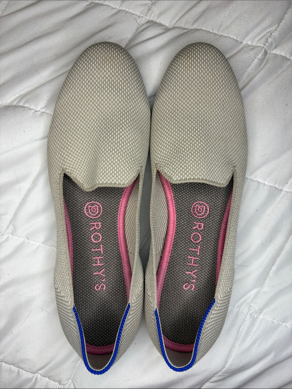 Rothy's Light Gray Slip-On Flats with Pink Accent and Blue Heel Trim